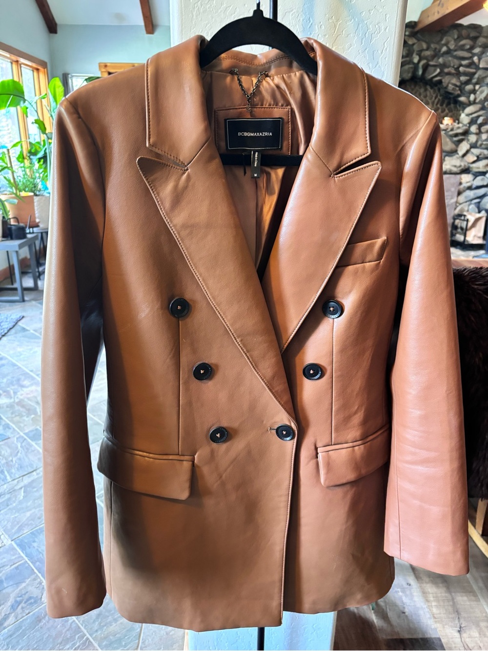 BCBGMaxAzria Camel Faux Leather Double Breasted Blazer Coat Medium